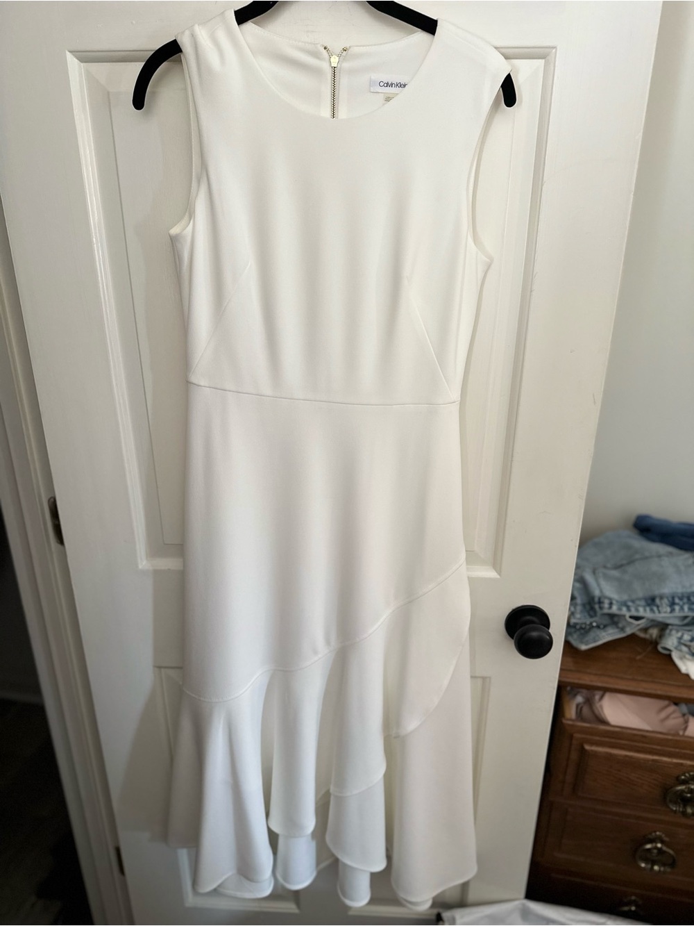 Calvin Klein White Asymmetrical Ruffle Hem Dress